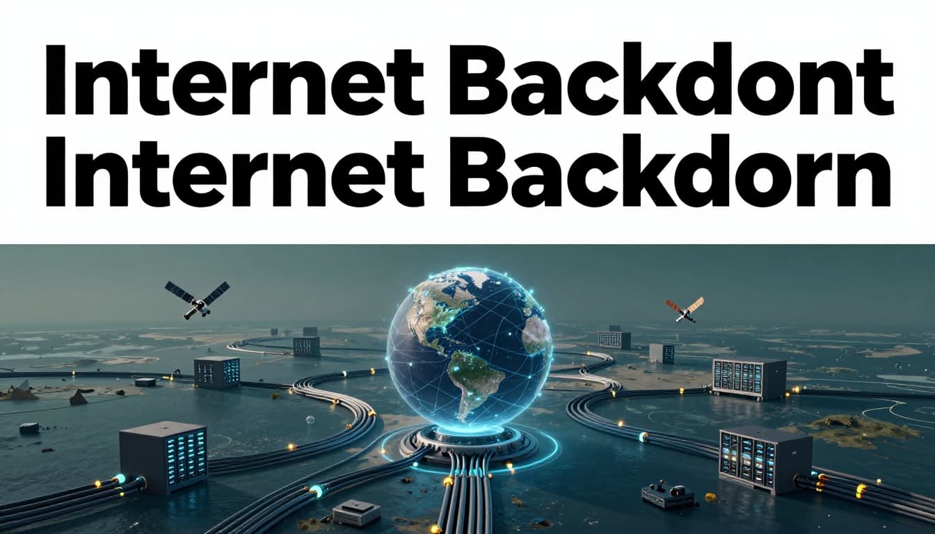 Editorial illustration with bold 'Internet Backbone' headline on a dark-green band, depicting global internet infrastructure including undersea fiber optic cables across oceans, glowing data centers, orbiting satellites, and a highlighted globe overlay in cool blue tones with neon accents.