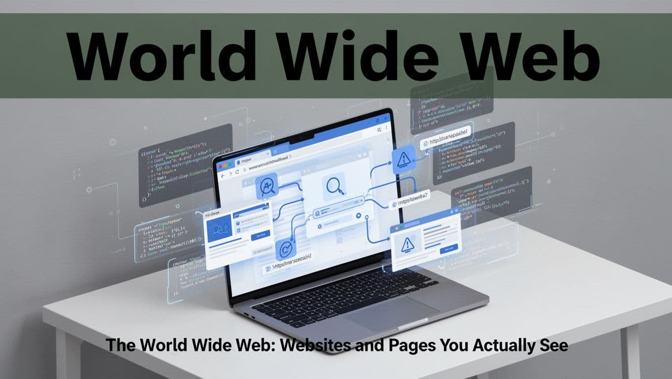 Modern laptop screen displaying a web browser window with interconnected hyperlinks and web pages in a clean digital isometric illustration, highlighting internet access to websites.